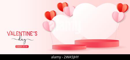 valentines day empty minimal display podium decoration background with paper hearts. Valentine's Day promotion product banner. Vector illustration Stock Vector