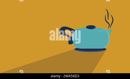 blue kettle illustration on mustard background with drop shadow. Stock Vector