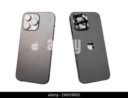 Lodz, Poland May 07 2023 iphone 14 pro backside with apple logotype and camera block isolated on white Stock Photo