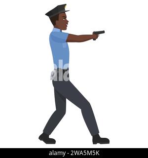 Black policeman with pointing gun. African male officer with weapon cartoon vector illustration Stock Vector