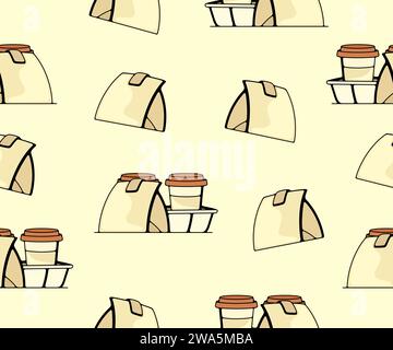 Coffee in paper cups and food, seamless vector background and pattern. Drink, hot drink, takeaway, meal and drinking, vector design and illustration Stock Vector