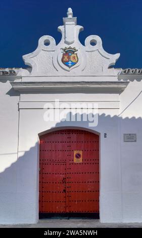 Gate at bodegas, sherry cellar at Callejon Comedia in Sanlucar de Barrameda, Andalusia, Spain Stock Photo