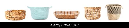 Set of different wicker baskets isolated on white Stock Photo