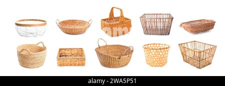 Set of many different wicker baskets isolated on white Stock Photo