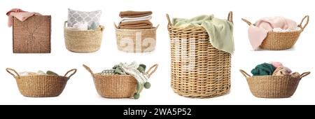 Set of many different wicker baskets with laundry isolated on white Stock Photo