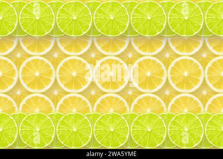 lemon slices background with lime stripes on top and bottom, seamless pattern in horizontal direction Stock Photo