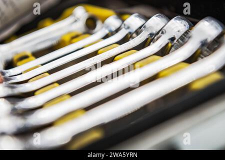 Professional Set of Iron Wrenches Close Up. Tools Box Theme. Stock Photo
