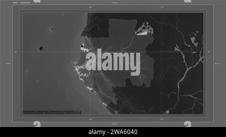 Gabon outlined on a Grayscale elevation map with lakes and rivers Stock ...