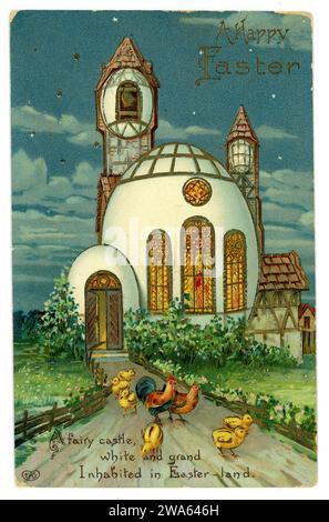 Early embossed Easter greetings card of egg-shaped church and chicks. Dated / posted 1912, U.K. Stock Photo