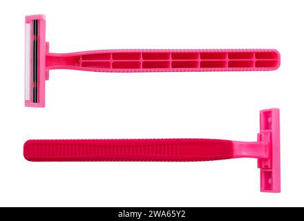 Disposable pink shaving machine on a white background. View from above. Razor isolate Stock Photo