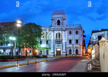 Municipal Palace in Plaza del Cathedral, Casco Viejo (Old Quarter) of Panama City, hosting the National History Museum of the first floor. Stock Photo