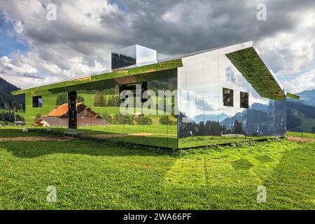 Temporary art instalation (2020) by Doug Aitken, Mirage consist of a house of mirrors on a hiking trail between Schönried and Gstaad, Switzerland repr Stock Photo
