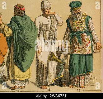 Hebrews. From left to right, 12: Latin-Hebrew dress, 13: priest's vestment, 14: pontiff's vestment. Chromolithography. 'Historia Universal' (Universal History), by Cesar Cantu. Volume I, 1881. Stock Photo
