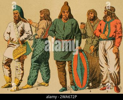 Near East. Scythians and Parthians. From left to right; 1: male Scythian garment, 2: male nuanced girdle, 3-4-5: men of the popular classes. Chromolit Stock Photo