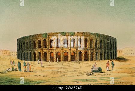 Nimes, France. Roman amphitheater. Chromolithography. ''Historia Universal'', by Cesar Canto. Volume II, 1881. Stock Photo