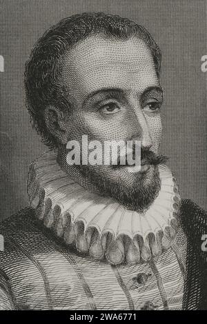 Miguel de Cervantes (1547-1616). Spanish writer. Author of Don Quixote. Portrait. Engraving by Geoffroy. 'Historia Universal', by Cesar Canto. Volume V. 1856. Stock Photo