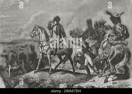 War of the Fifth Coalition (April-October 1809) of the Napoleonic Wars. Battle of Wagram (5-6 July 1809). Napoleon's army engaged and managed to push back the Austrian troops of Archduke Charles. Engraving by A. Sandoz and H. Vernet. 'Los Heroes y las Grandezas de la Tierra'. Volume V. 1855. Stock Photo