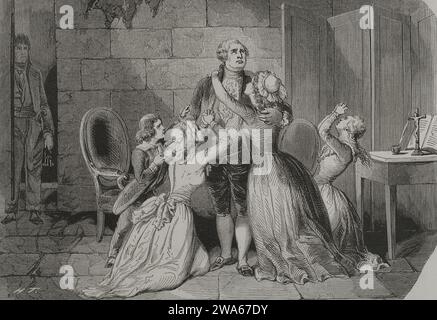 Louis XVI (1754-1793). King of France (1774-1792). In 1770 he married Marie-Antoinette. Louis XVI farewells his wife and children on the night of 20 January 1793. On the following morning he was guillotined on a gallows installed in the Place de la Revolution in Paris. Engraving. 'Los Heroes y las Grandezas de la Tierra'. Volume V. 1855 Stock Photo