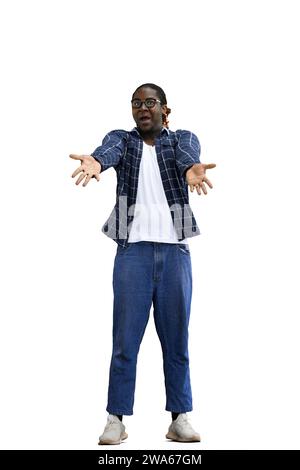 A man in a shirt on a White background is surprised Stock Photo