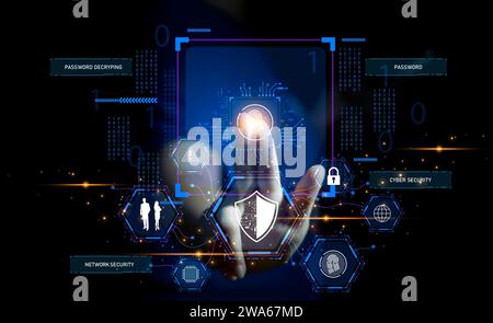 Keypad, cyber shield, lock, technology security system. Digital link. Cyber security with advanced technology. Stock Photo