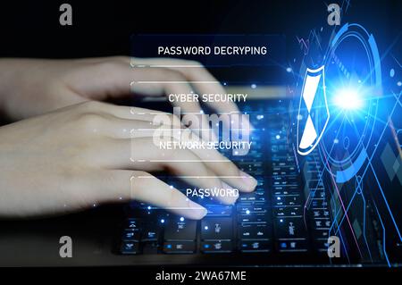 Keypad, cyber shield, lock, technology security system. Digital link. Cyber security with advanced technology. Stock Photo