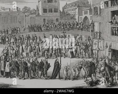 Spanish Inquisition. Auto-da-fe. Procession of the captives of the Inquisition to the Auto de Fe to be sentenced. Public ceremony carrying the Inquisition emblem, the cross with the olive branch and the sword. Facsimile after an engraving from 'Historia Inquisitionis', 1692. 'Vie Militaire et Religieuse au Moyen Age et a l'Epoque de la Renaissance'. Paris, 1877. Stock Photo