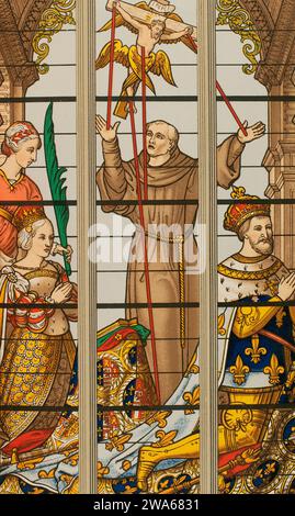 King Francis I of France (1494-1547) and his wife Eleanor of Austria (1498-1558) prayerfully. Chromolithograph by Franz Kellerhoven after a detail of a stained glass window in the church of St. Gudula, Brussels. 'Les Arts au Moyen Age et a l'Epoque de la Renaissance', by Paul Lacroix. Paris, 1877. Stock Photo