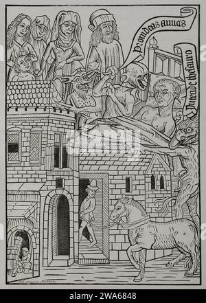 Facsimile of the fifth page from the first woodcut edition of 'Ars Moriendi' ('The Art of Dying'), 1415, with an engraving depicting a medieval allegory of the temptation to avarice. The sinner on his deathbed surrounded by his family. Two demons whisper in his ear: 'think of your friends' and 'share it with yours friends!. Rotogravure by A. Durand. 'Les Arts au Moyen Age et a l'Epoque de la Renaissance', by Paul Lacroix. Paris, 1877. Stock Photo