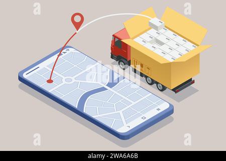 Isometric Logistics and Delivery. Free, Express, Home or Fast delivery. Delivery company. Delivery home and office. City logistics. Stock Vector