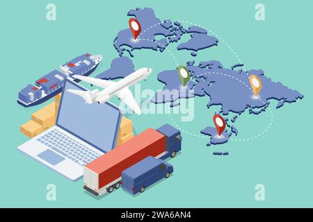 Isometric Logistics and Delivery. Free, Express, Home or Fast delivery. Delivery company. Delivery home and office. City logistics. Stock Vector