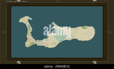 Grand Cayman - Cayman Islands highlighted on a topographic, OSM Humanitarian style map map with the country's capital point, cartographic grid, distan Stock Photo