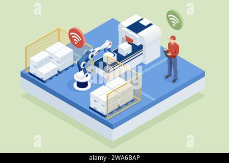 Isometric Automated Packaging and Distribution System. Automated warehouse. Autonomous robot transportation in warehouses Stock Vector