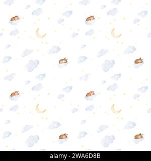 Deer Watercolor Seamless Pattern. Children Night Sky. Bunny Watercolor Pattern. Watercolor Kids Wallpaper. Animals Pattern White Background Stock Photo