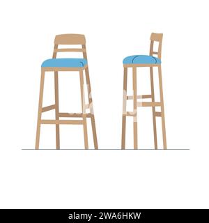 High kitchen bar chair on long wooden legs with soft blue seat. Isolated chair on white background front and side view. Stock Vector