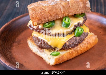Sandwich with ciabatta, beef patties and cheese Stock Photo