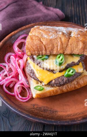 Sandwich with ciabatta, beef patties and cheese Stock Photo