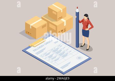 Isometric warehouse worker checking inventory. On-time delivery Stock Vector