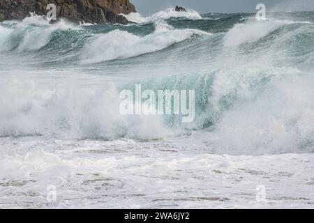 High winds and big waves during Storm Gerrit at Porthcurno beach, Cornwall, UK Stock Photo