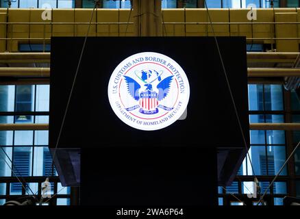 New York, United States. 02nd Jan, 2024. The logo for US Customs and Border Patrol Protection is on display on the floor of the New York Stock Exchange (NYSE) on the first trading day of 2024 on Wall Street in New York City on Tuesday, January 2, 2024. US stocks began the day lower Tuesday morning on the first day of trading in 2024. Photo by John Angelillo/UPI Credit: UPI/Alamy Live News Stock Photo