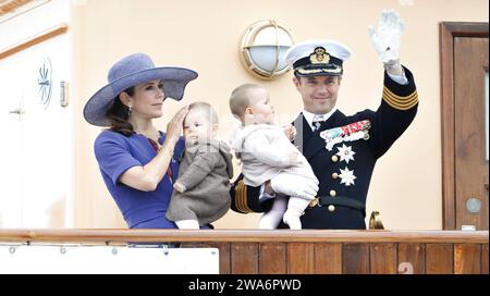 (ARCHIVE) Summer tour, the Crown Prince couple in Hansthom Thursday 25 August 2011.: Crown Prince Frederik and Crown Princess Mary arrived on Thursday morning with the royal yacht Dannebrog at Hirtshals, where they stood with the twins Prince Vincent, Princess Josephine on their arms upon arrival. Denmarks Denmarks' Queen Margrethe announced in her New Years speech that she is abdicating on January 14, 2024. Crown Prince Frederik will take her place and become King Frederik the 10th of Denmark, while Australian borne Crown Princess Mary will be Queen of Denmark...(Photo: HENNING BAGGER/Scanpix Stock Photo