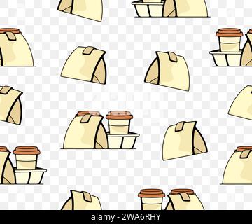 Coffee in paper cups and food, seamless vector background and pattern. Drink, hot drink, takeaway, meal and drinking, vector design and illustration Stock Vector
