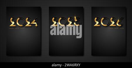 Set black card of New year 2024, 2025, 2026 in gold foil modern numbers. Decorative greeting cards happy new year. Luxury Creative Christmas banners, Stock Vector