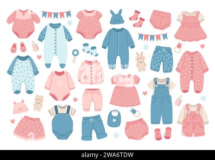 Collection of clothes for babies. Fashion garments for boys and girls.  Stock Vector