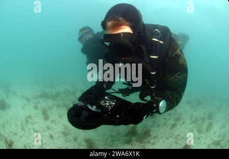 US military forces. May 18, 2006) - Two U.S. Navy SEALs (Sea, Air, Land) navigate through murky waters during a Combat Swimmer Training dive. U.S. Navy photo by Senior Chief Mass Communication Specialist Andrew McKaskle (RELEASED) Stock Photo