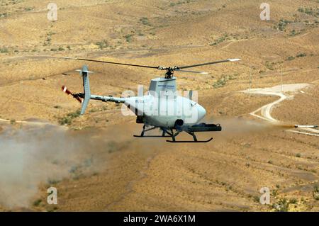 US military forces. , Ariz. (July 25, 2005) - Northrop Grumman's RQ-8A Fire Scout Vertical Takeoff and Landing Tactical Unmanned Aerial Vehicle (VTUAV) System test fires the second of two Mark-66 2.75-inch unguided rockets during weapons testing at Arizona's Yuma Proving Grounds. Fire Scout fired the first 2.75-inch rocket earlier that day. Fire Scout has the ability to autonomously take off and land from any aviation-capable warship and at unprepared landing zones. With an on-station endurance of over four hours, the Fire Scout system is capable of continuous operations, providing coverage at Stock Photo