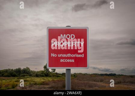 MOD Property, No unauthorised access sign in the countryside. Stock Photo