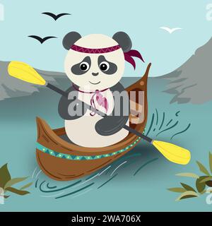 A panda is floating on a boat in the river water. The panda bear is engaged in water sports, rowing in canoe. Boho tribal illlustration flat style. Su Stock Vector