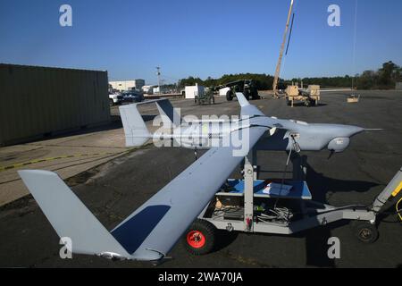 US military forces. An RQ-21A Blackjack belonging to Marine Unmanned Aerial Vehicle Squadron 2 sits on the flight line of Marine Corps Outlying Field Atlantic, March 21, 2014. The Blackjack is eight feet long with a wing span of 16 feet and can hold payloads up to 25 pounds. Stock Photo