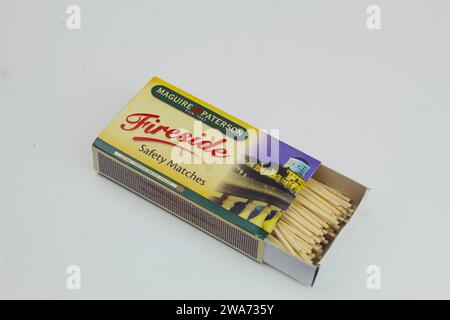 Dublin, Ireland - January 3rd 2024: A close up photo of a box of match sticks on a white surface. Stock Photo