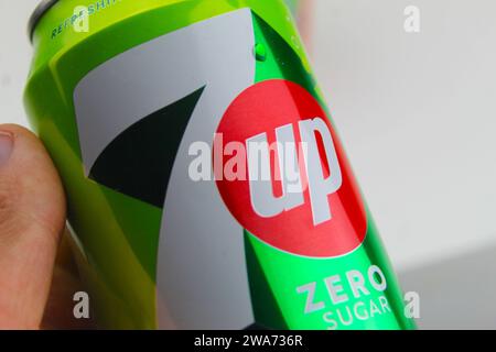 Dublin, Ireland - January 3rd 2024: A  close up photo of seven up and club zero soda fizzy drink cans on a white surface. Stock Photo
